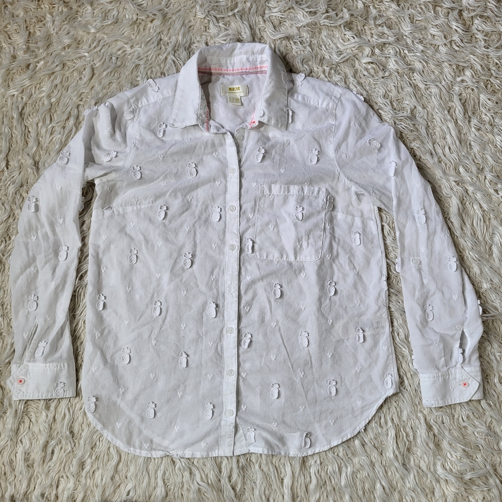 Maeve by Anthropologie Classic Pinnapple Embroidered Buttondown Shirt in White